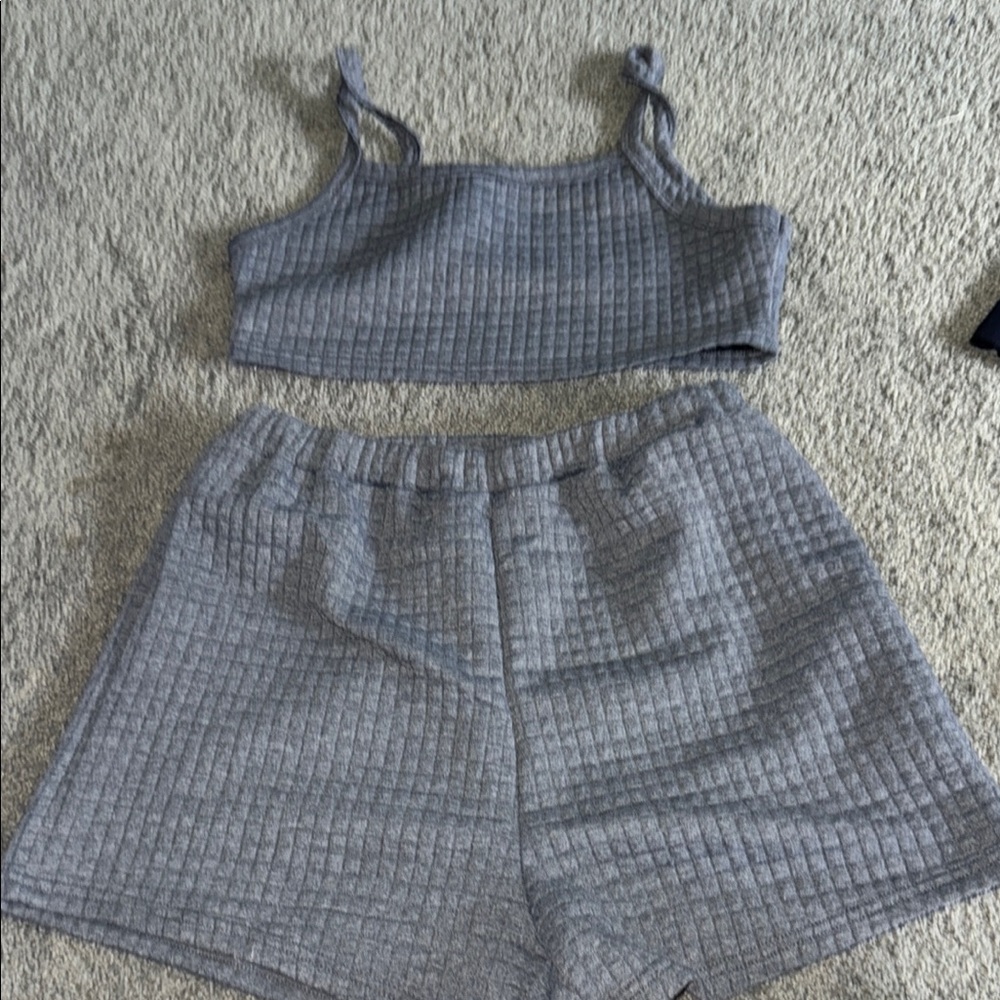 Gray Ribbed Crop Top and Shorts Set